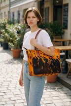 Orange and Black Hair-On Hide Tote Bag with Reddish-Brown Handles