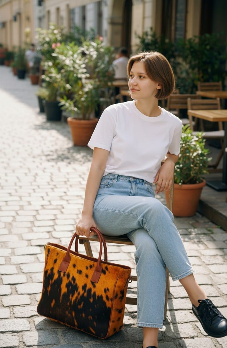 Orange and Black Hair-On Hide Tote Bag with Reddish-Brown Handles