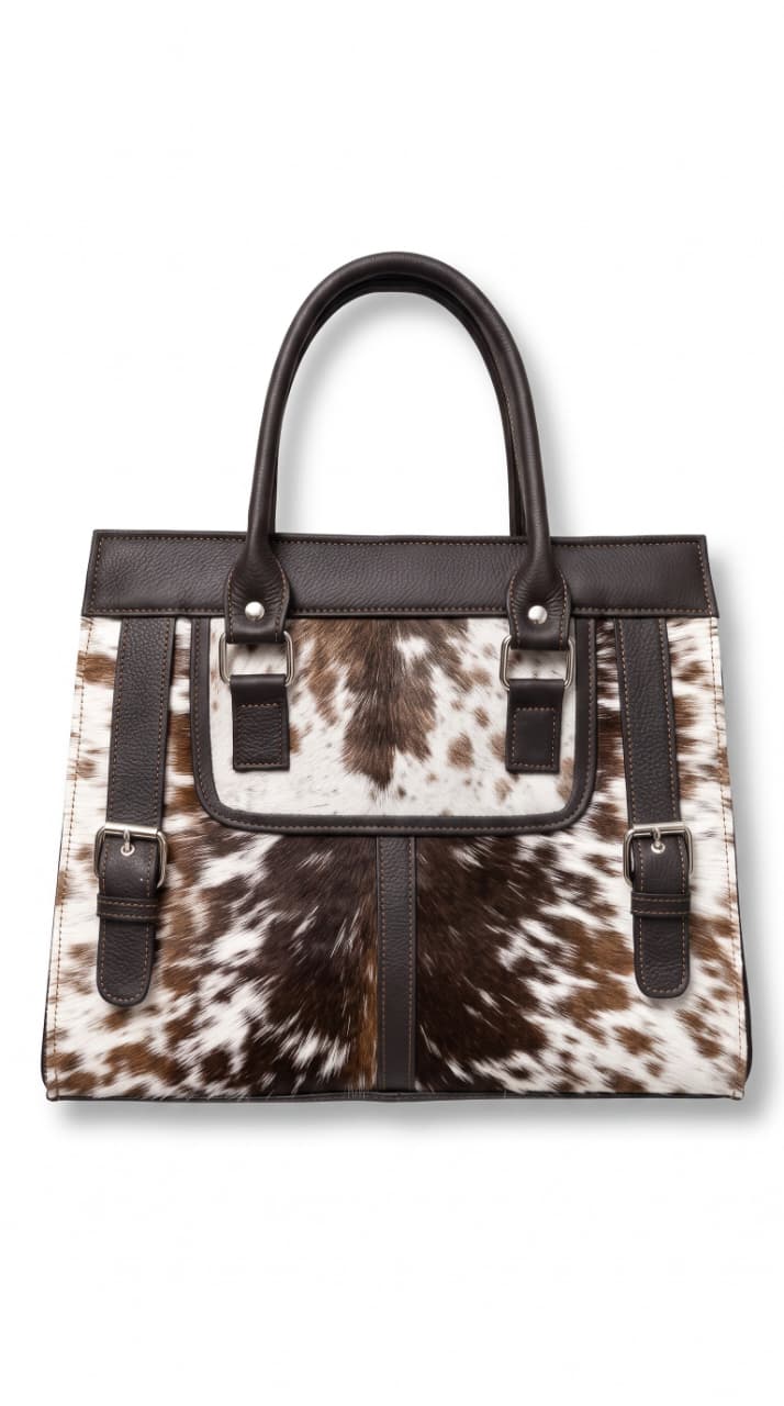 Brown and White Hair-On Cowhide Tote Bag with Dark Brown Leather Trim