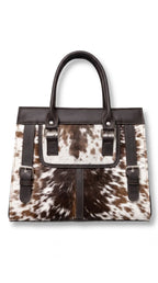 Brown and White Hair-On Cowhide Tote Bag with Dark Brown Leather Trim
