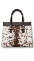Brown and White Hair-On Cowhide Tote Bag with Dark Brown Leather Trim