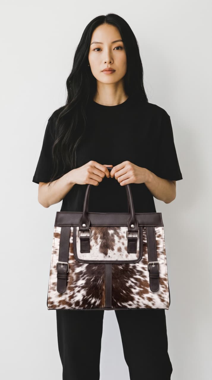 Brown and White Hair-On Cowhide Tote Bag with Dark Brown Leather Trim
