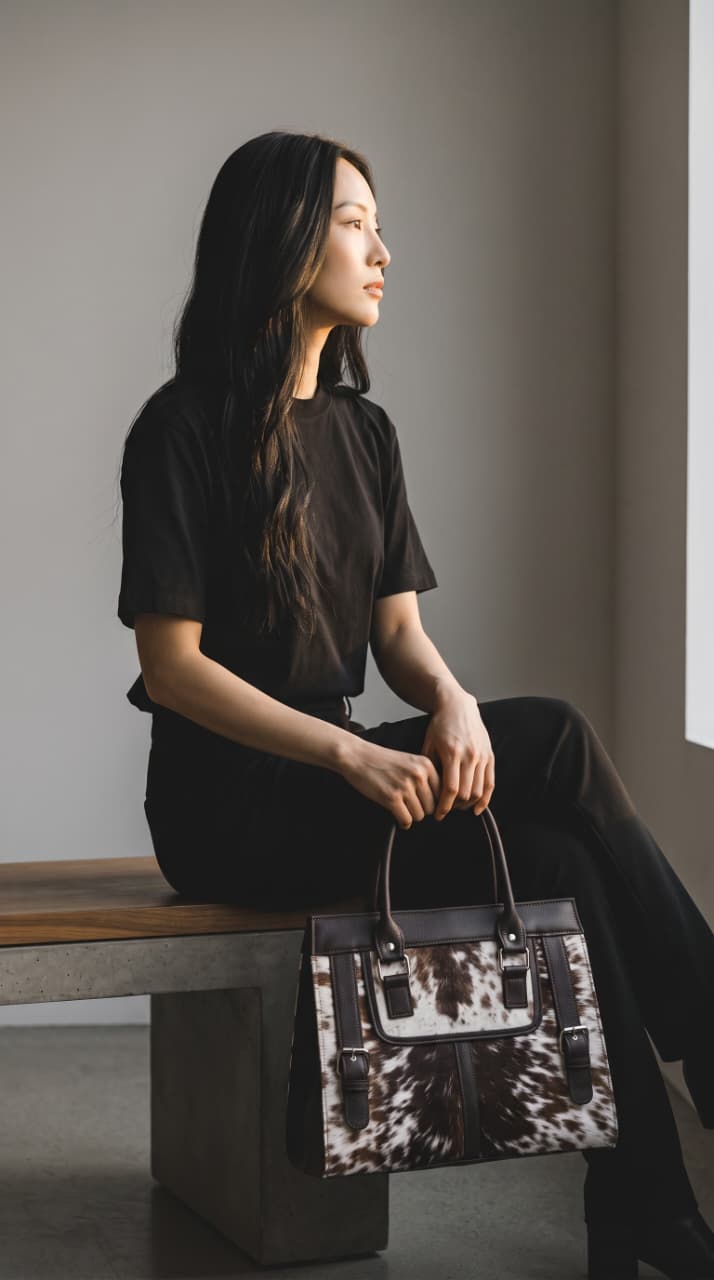 Brown and White Hair-On Cowhide Tote Bag with Dark Brown Leather Trim
