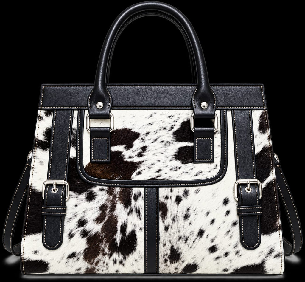 Brown and White Hair-On Cowhide Tote Bag with Dark Brown Leather Trim
