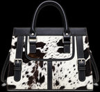 Brown and White Hair-On Cowhide Tote Bag with Dark Brown Leather Trim