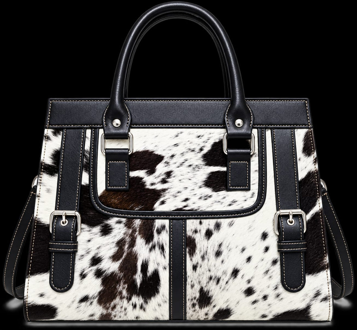 Brown and White Hair-On Cowhide Tote Bag with Dark Brown Leather Trim
