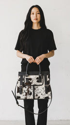 Brown and White Hair-On Cowhide Tote Bag with Dark Brown Leather Trim