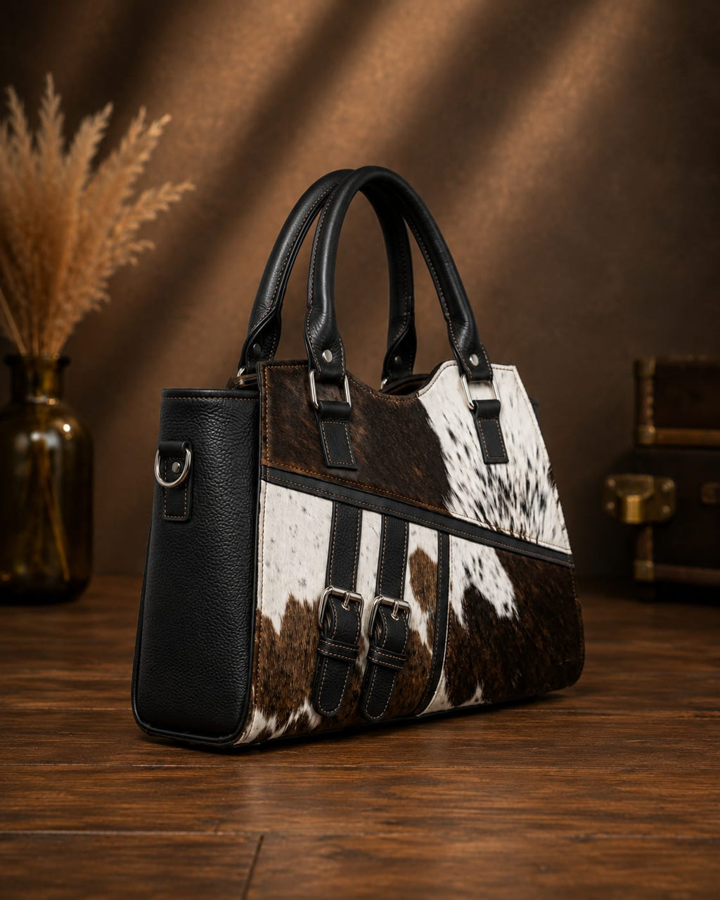 Brown, White & Black Cowhide Leather Tote Bag