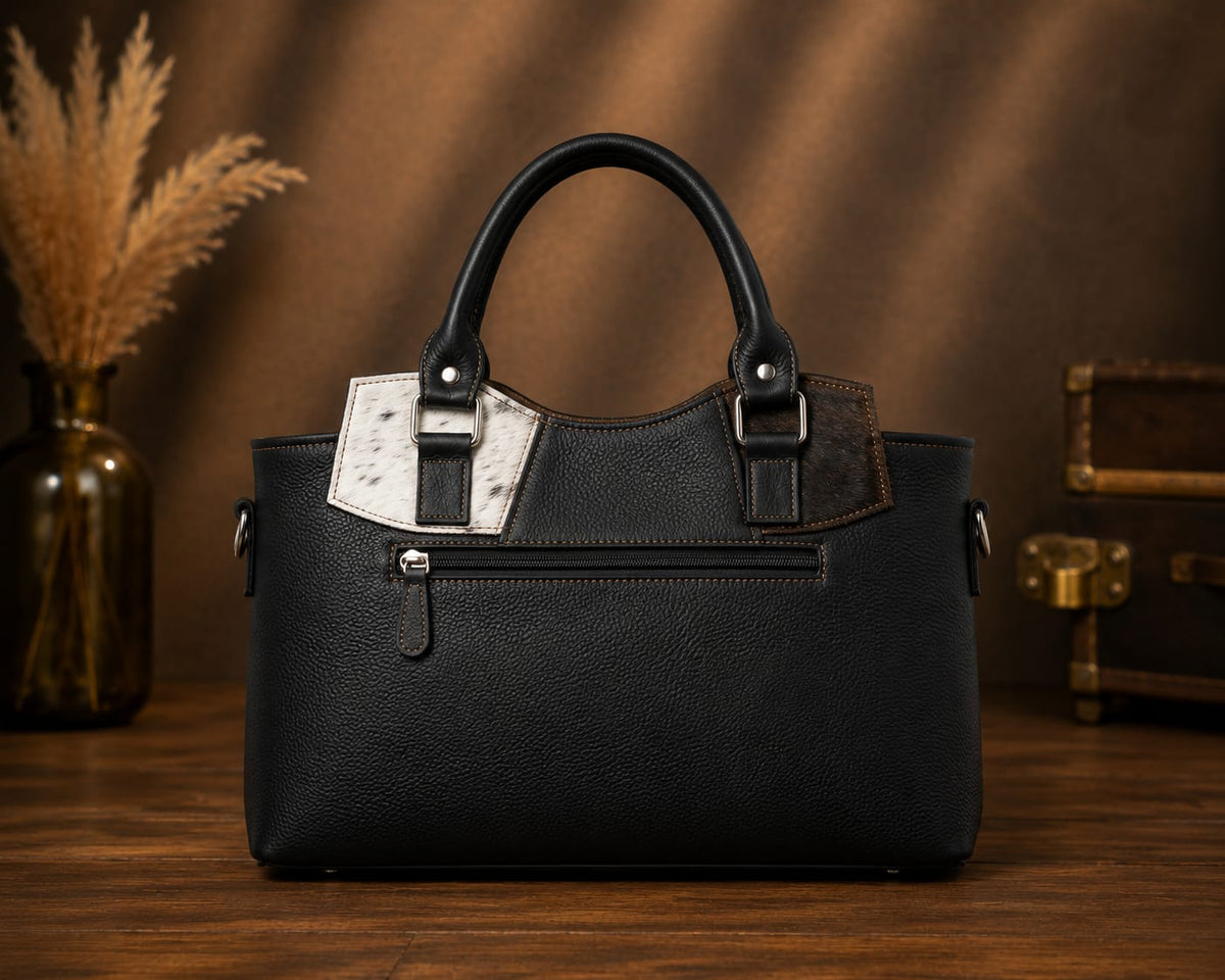 Brown, White & Black Cowhide Leather Tote Bag