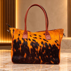 Orange and Black Hair-On Hide Tote Bag with Reddish-Brown Handles