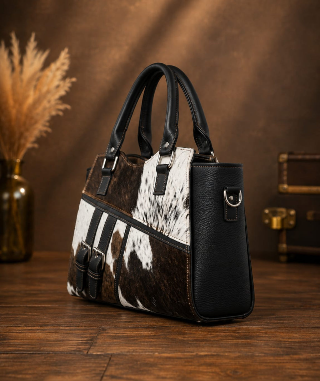Brown, White & Black Cowhide Leather Tote Bag