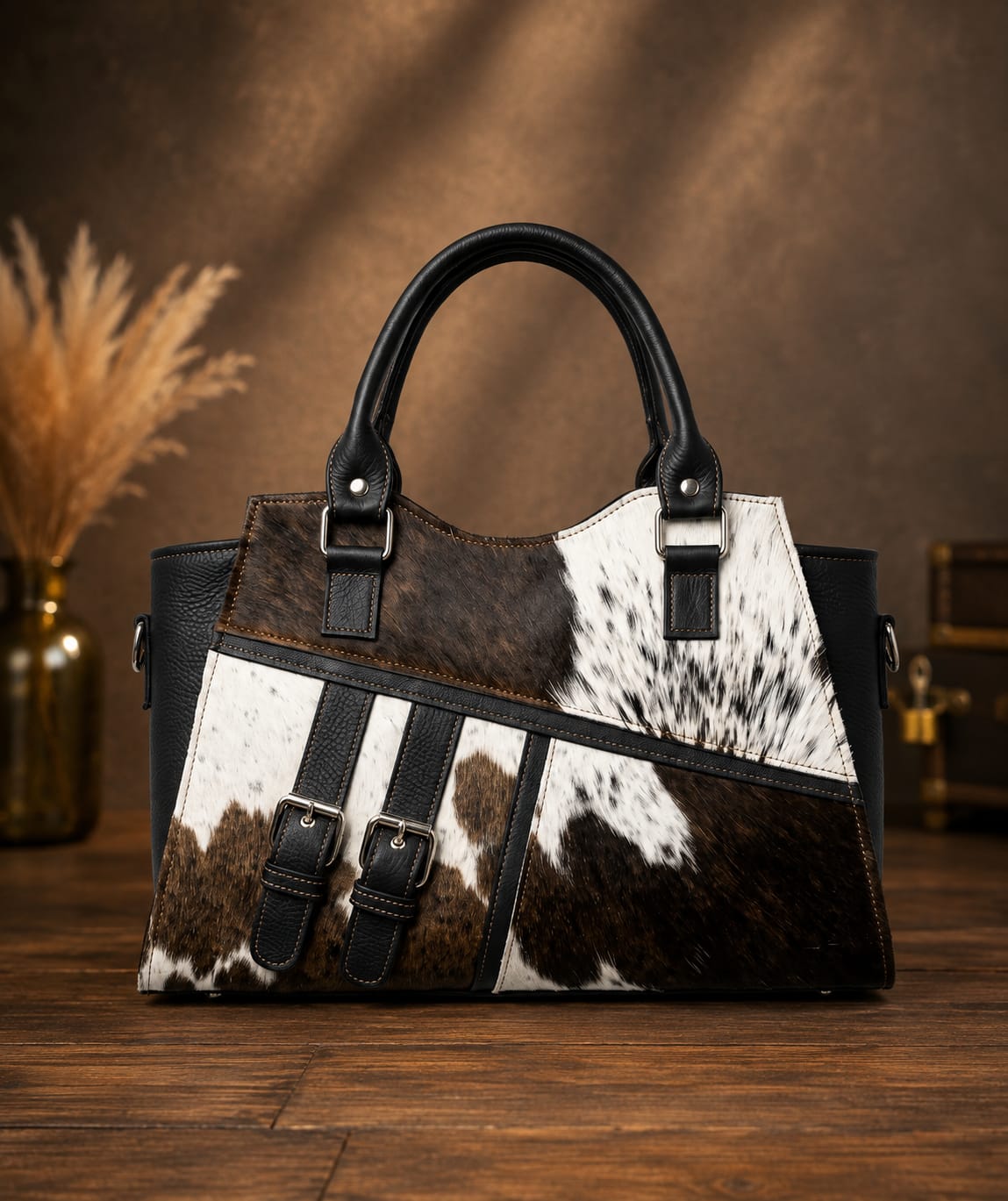 Brown, White & Black Cowhide Leather Tote Bag