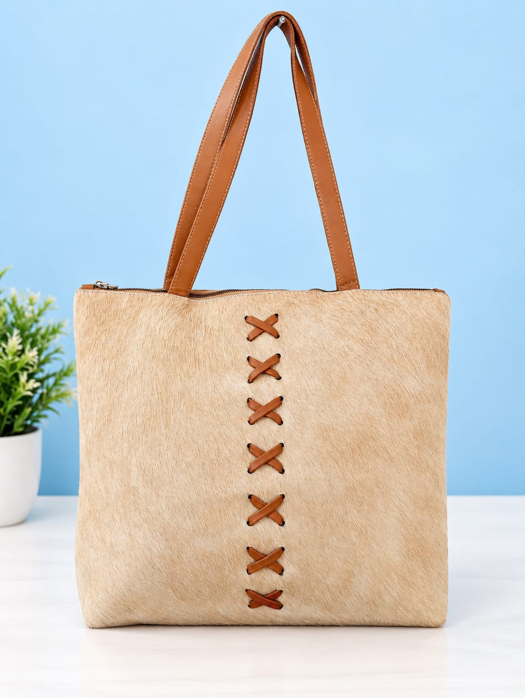 Cream White Cowhide Leather Tote Bag | Western Boho Purse