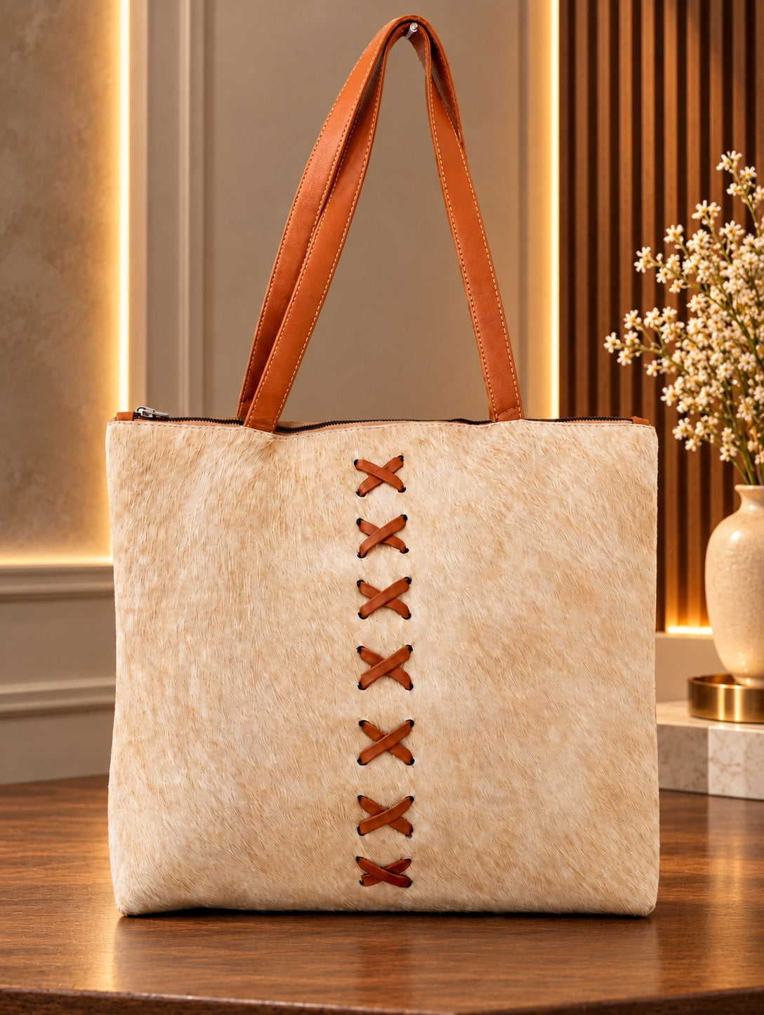 Cream White Cowhide Leather Tote Bag | Western Boho Purse
