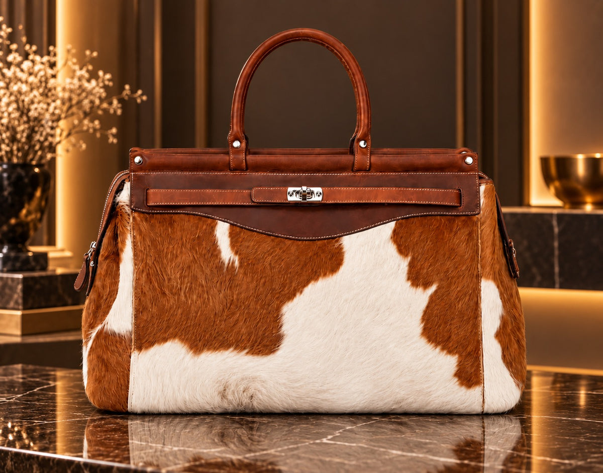 Brown & White Cowhide Tote Bag with Chestnut-Brown Trim