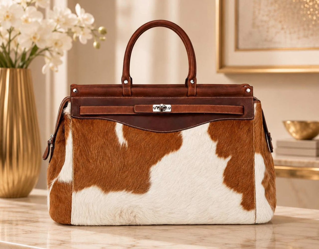 Brown & White Cowhide Tote Bag with Chestnut-Brown Trim