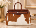 Brown & White Cowhide Tote Bag with Chestnut-Brown Trim