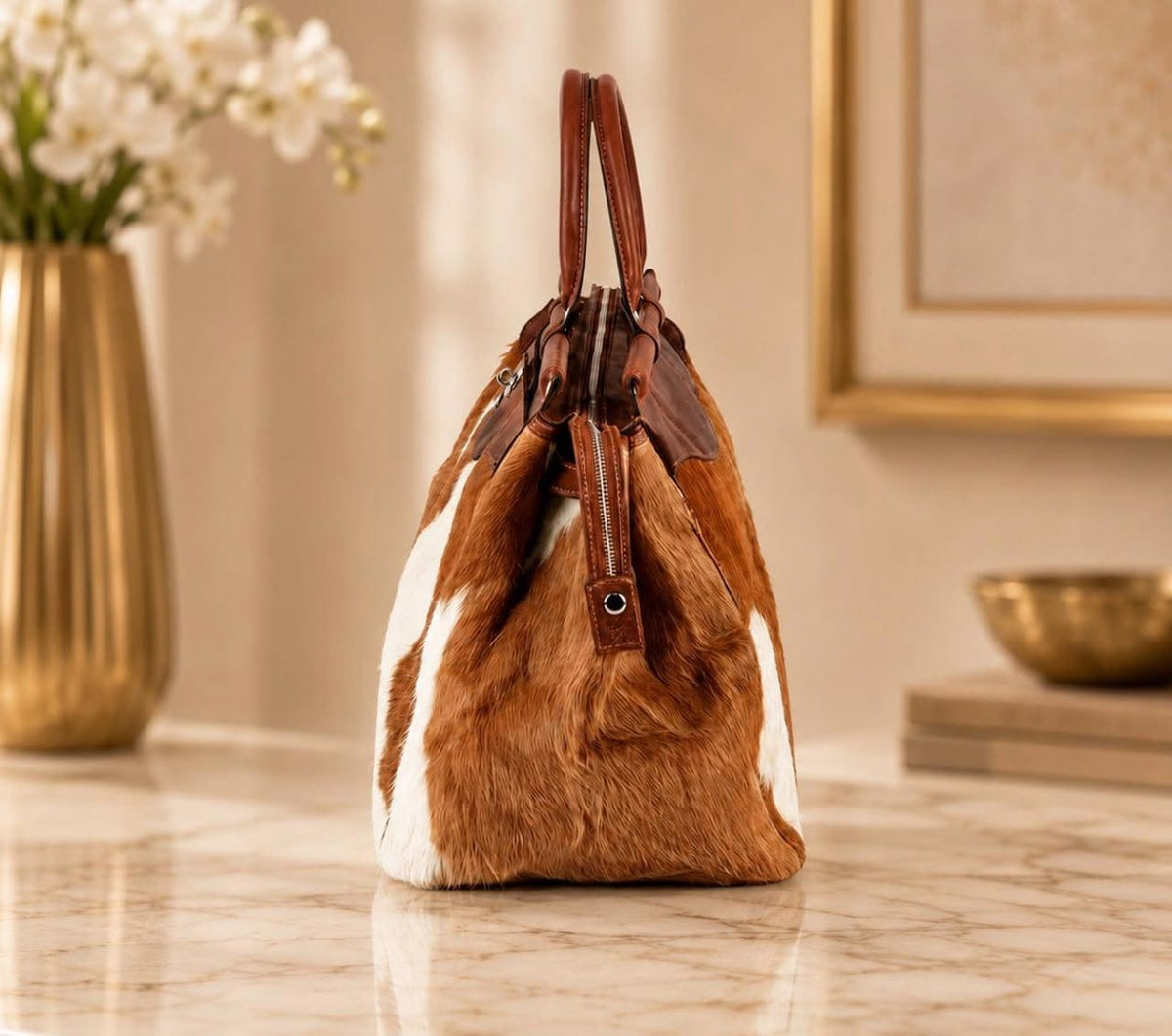 Brown & White Cowhide Tote Bag with Chestnut-Brown Trim