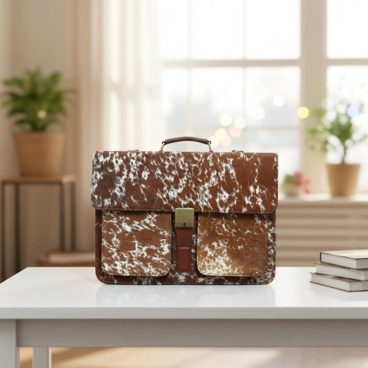 Brown & White Cowhide Leather Laptop Briefcase – 17 Inch