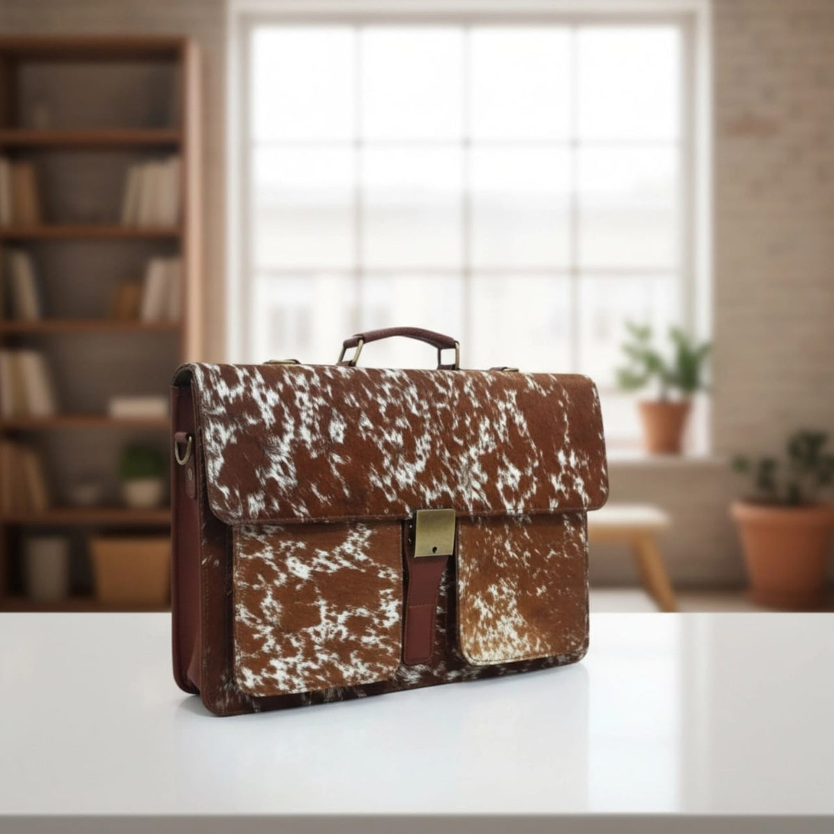 Brown & White Cowhide Leather Laptop Briefcase – 17 Inch