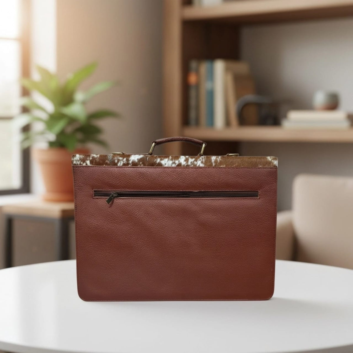 Brown & White Cowhide Leather Laptop Briefcase – 17 Inch