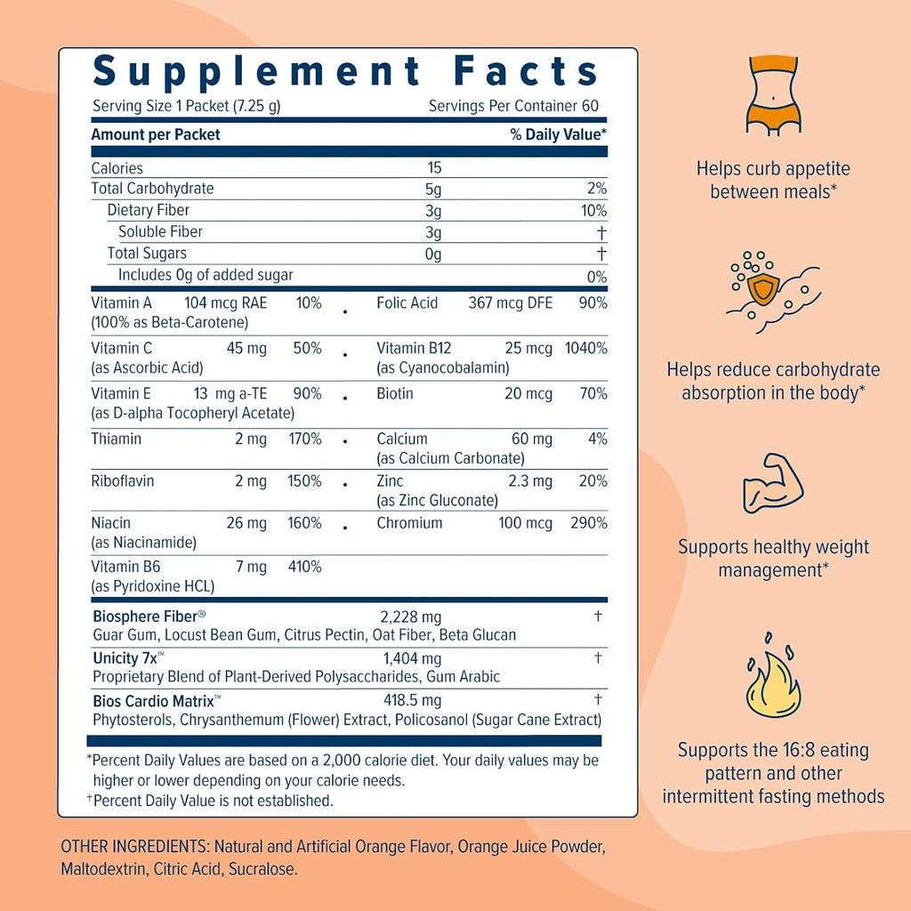 UNICITY BALANCE ORANGE - Stay Full Longer by Slowing Carbohydrate Absorption (60 Packets). Helps Support a Healthy Digestive System and Keeps Your Body Well Maintained (30-Day Supply)