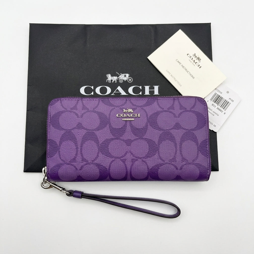 COACH Long Round Zip Wallet with Strap Purple Signature C4452 F/S JP New