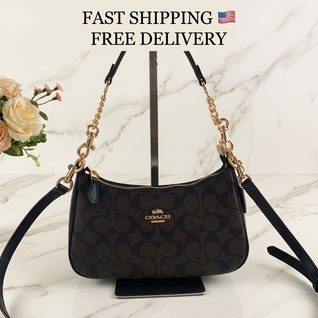 COACH Teri Shoulder Bag CA548 – Signature Coated Canvas Black/Brown – New