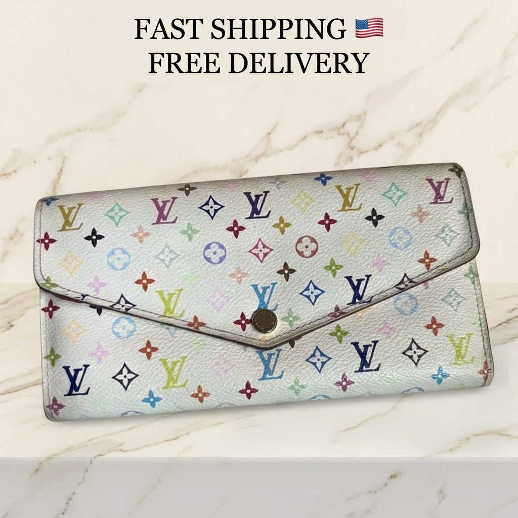 Louis Vuitton Sarah Wallet – White Multicolor Monogram – Pink Interior with Zip