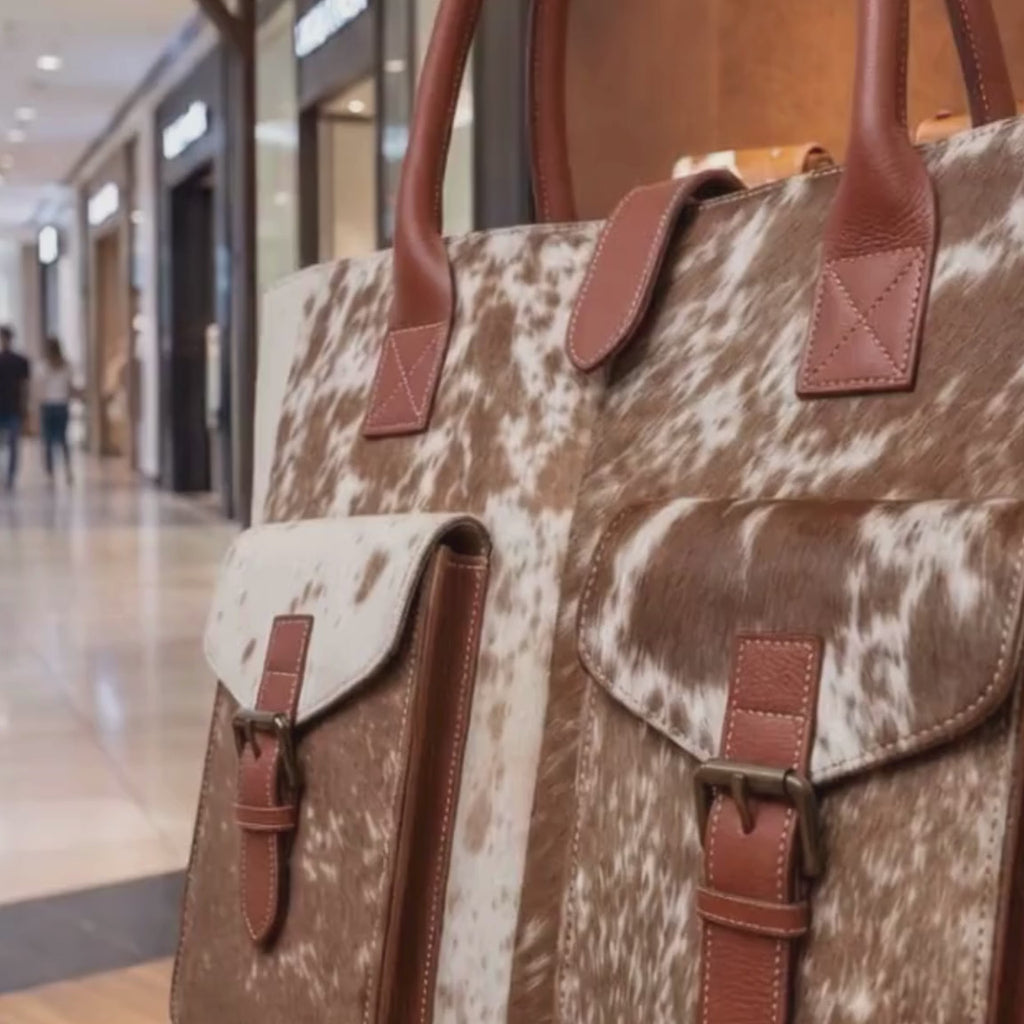 Brown and White Cowhide Leather Tote Bag