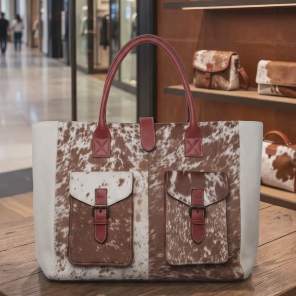 Brown and White Cowhide Leather Tote Bag