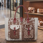 Brown and White Cowhide Leather Tote Bag
