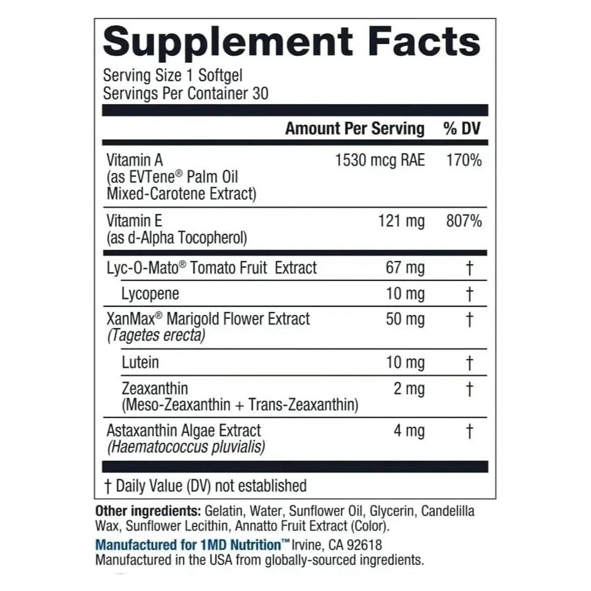 1MD Nutrition Vision MD Eye Vitamin CARMIS Eye Supplement 30 Softgels ﻿